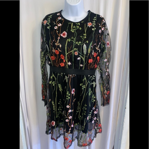 SHEIN Dresses & Skirts - Shein Embroidered Mesh Long Sleeve Dress Size L